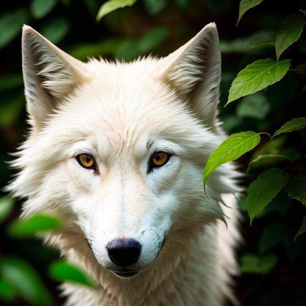 Un lobo ártico mira a través del follaje de la jungla.