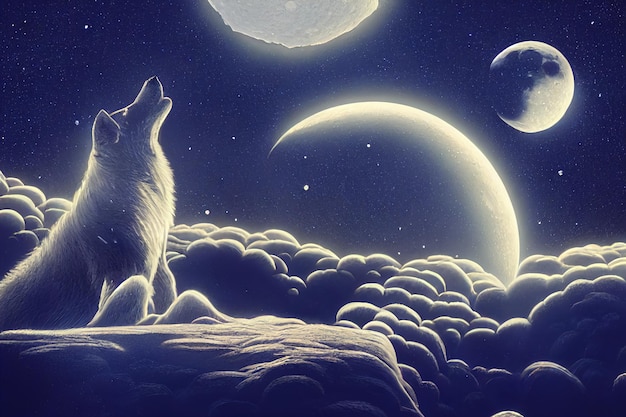 El lobo aúlla a la luna por la noche. representación 3d Ilustración de trama.