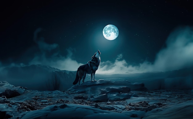 El lobo aúlla por la noche a la luna en la roca.