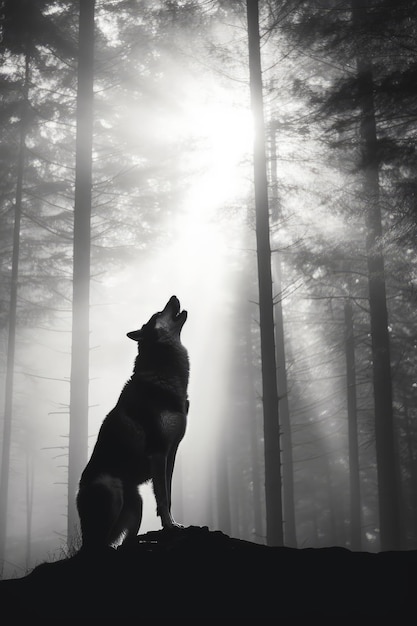 Un lobo aullando en un bosque con el sol brillando a través de los árboles.