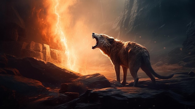 Lobo aullando a la cámara contra el fondo de un bosque en llamas generativo ai
