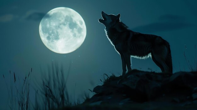 Un lobo aullando a la luna el lobo está en silueta y la luna está llena el fondo es un cielo nocturno azul oscuro