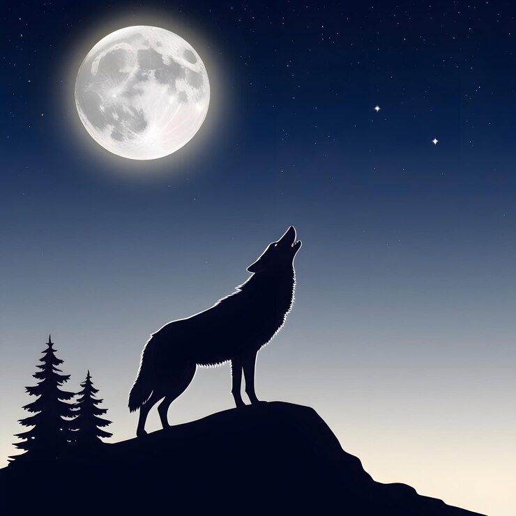 un lobo aullando a la luna con la luna en el fondo