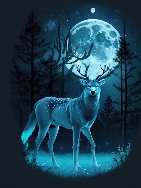 Lobo azul y ciervo blanco luna llena