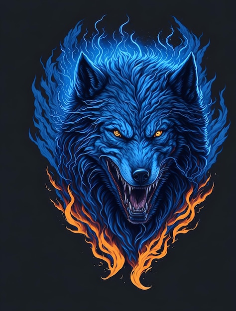 Un lobo azul con fondo de fuego