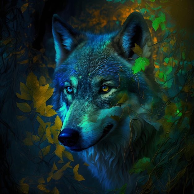 Un lobo azul con ojos amarillos está en el bosque.