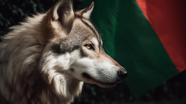 Un lobo con una bandera roja y verde detrás