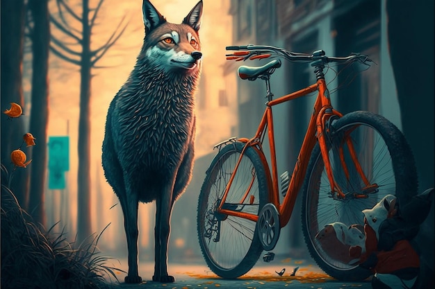un lobo con una bicicleta y una bicicleta en el fondo
