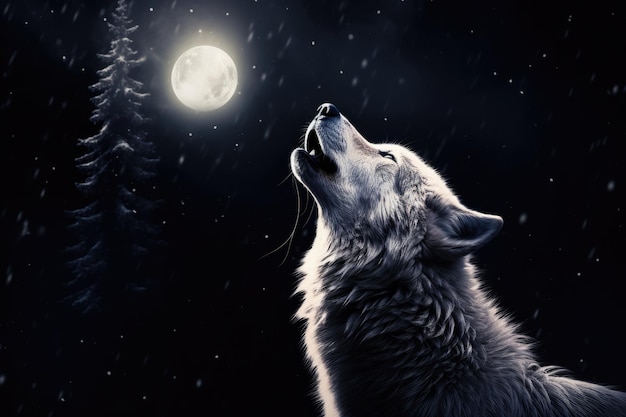 Lobo blanco aullando a la luna en un fondo nocturno oscuro