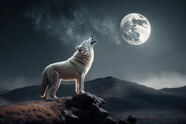 Un lobo blanco aullando a la luna