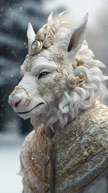 Un lobo blanco con un collar de oro y un collar de oro.