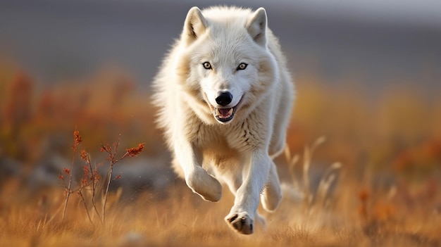 Lobo blanco corriendo en el campo en otoño Escena de vida silvestre de la naturaleza