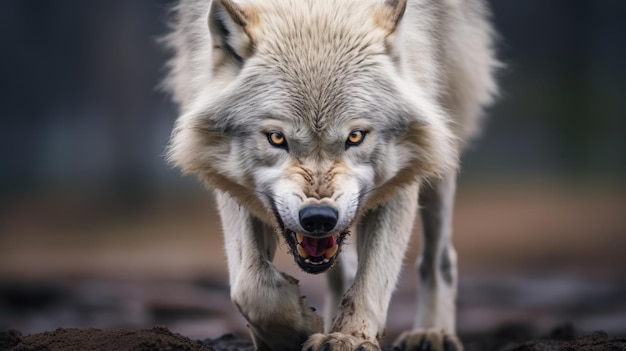 Lobo blanco dinámico y malhumorado gritando en acción