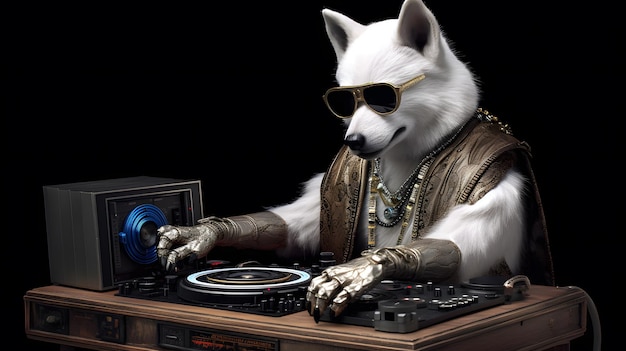 Un lobo blanco dj tocando música en un tocadiscos.