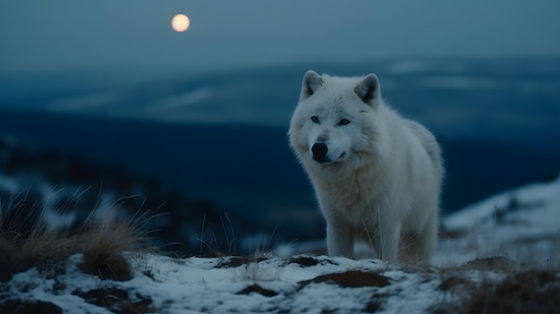 Un lobo blanco se encuentra en una colina nevada con la luna al fondo.