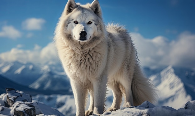 El lobo blanco está en la cima de la montaña nevada