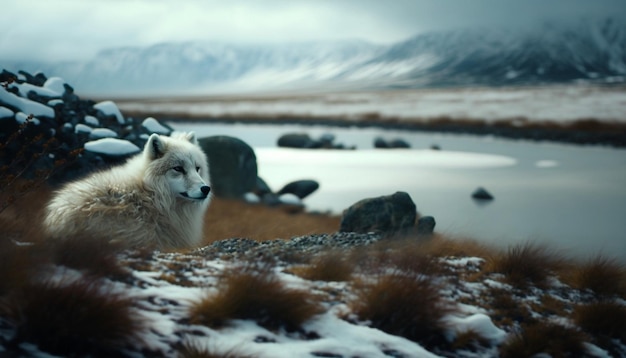 Foto un lobo blanco se para frente a una montaña nevada.