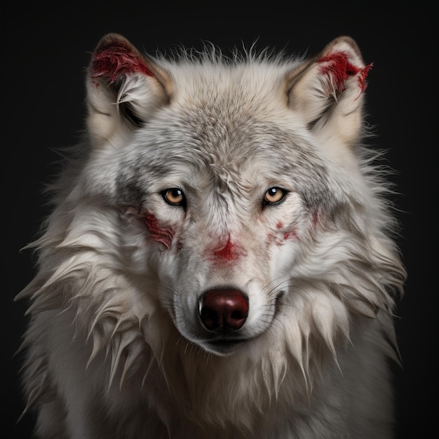 Un lobo blanco humano hambriento con sangre.