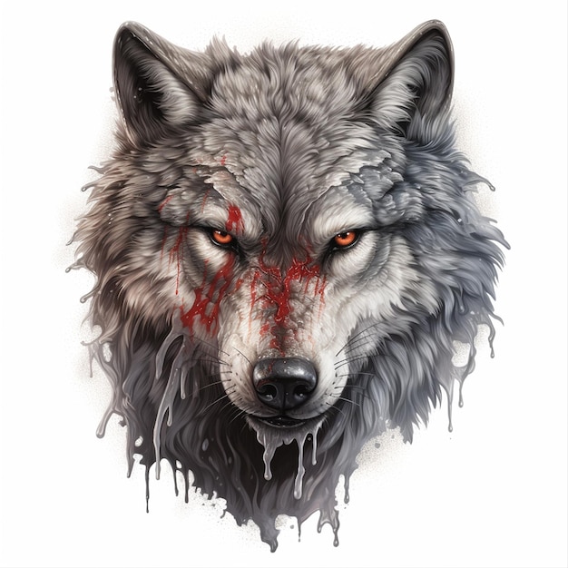 Un lobo blanco humano hambriento con sangre.