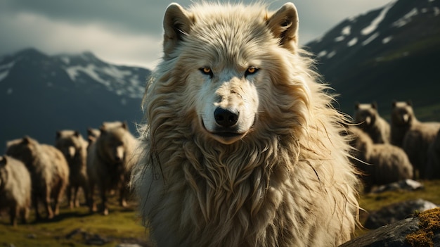 El lobo blanco mira a través de la lente.