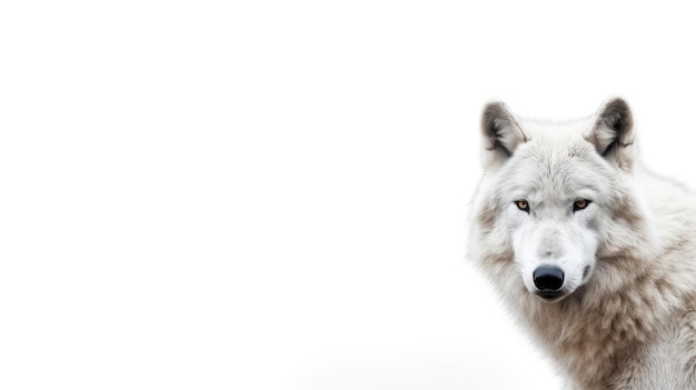 Un lobo blanco con nariz negra y cara blanca.