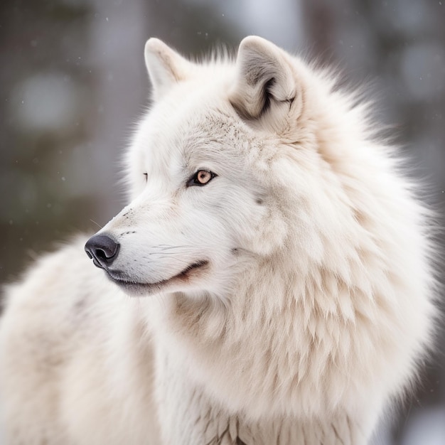 Un lobo blanco con nariz negra y nariz azul.