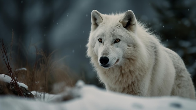 Un lobo blanco en la nieve.