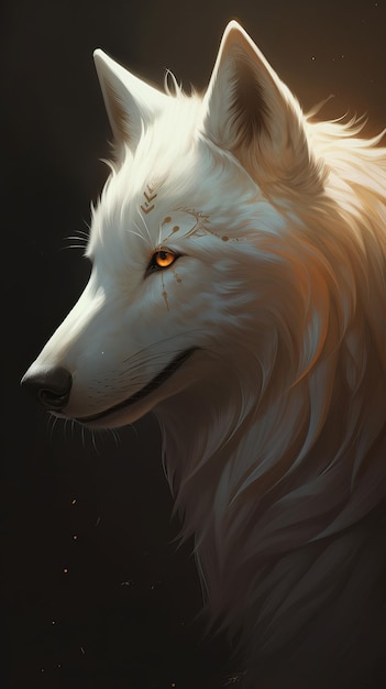 Un lobo blanco con ojos amarillos y fondo negro.