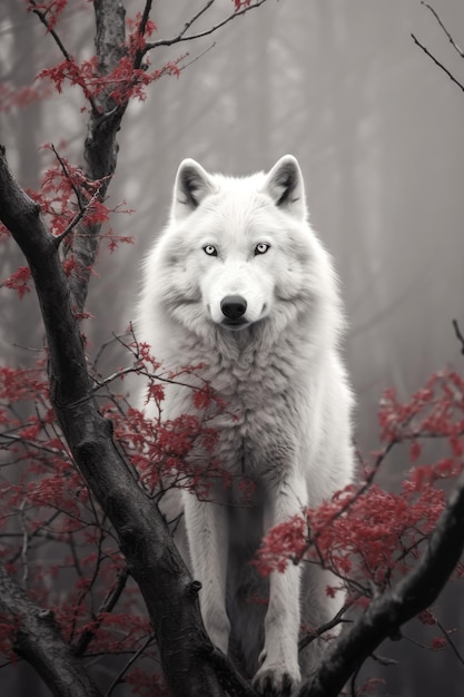 Lobo blanco con ojos azules en el bosque