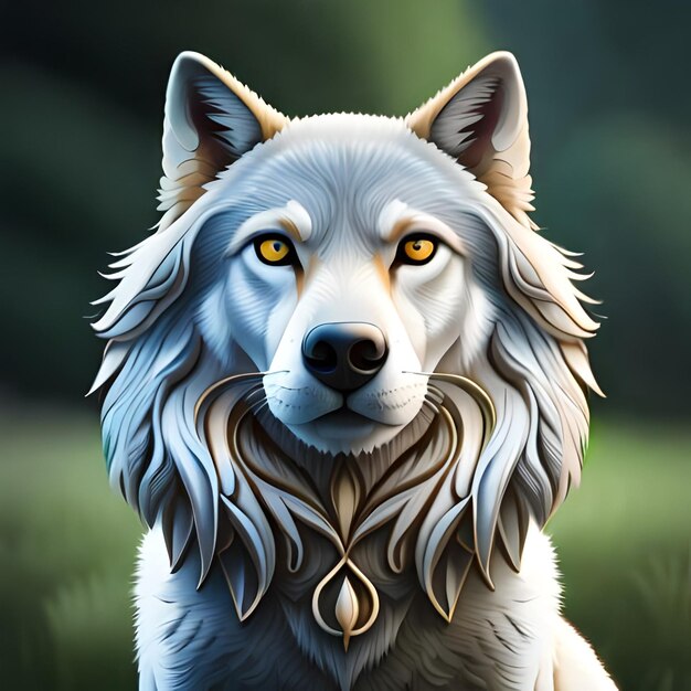 Un lobo blanco con ojos azules y un colgante de plata.