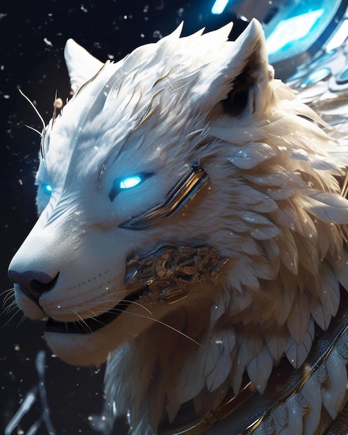 Un lobo blanco con ojos azules y un ojo azul brillante está en la oscuridad.