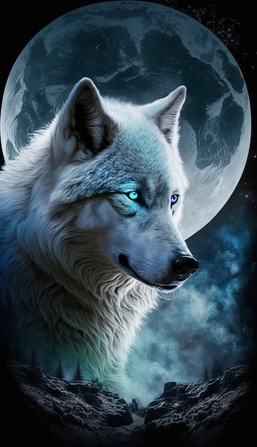 Lobo blanco con ojos azules sobre un fondo oscuro