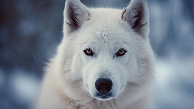 Un lobo blanco con ojos azules.