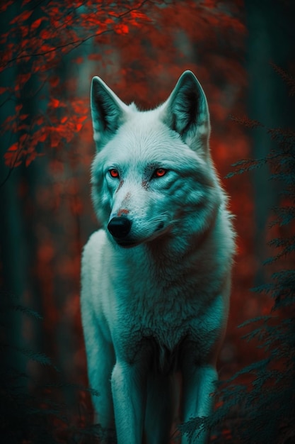 Un lobo blanco con ojos rojos se sienta en un bosque con hojas rojas.