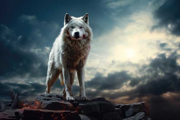 Lobo blanco de pie en la cima de una roca contra el fondo de la puesta de sol lobo de pie frente a la roca luna llena realismo mágico pintura mate wat criatura poderosa peligrosa generada por IA