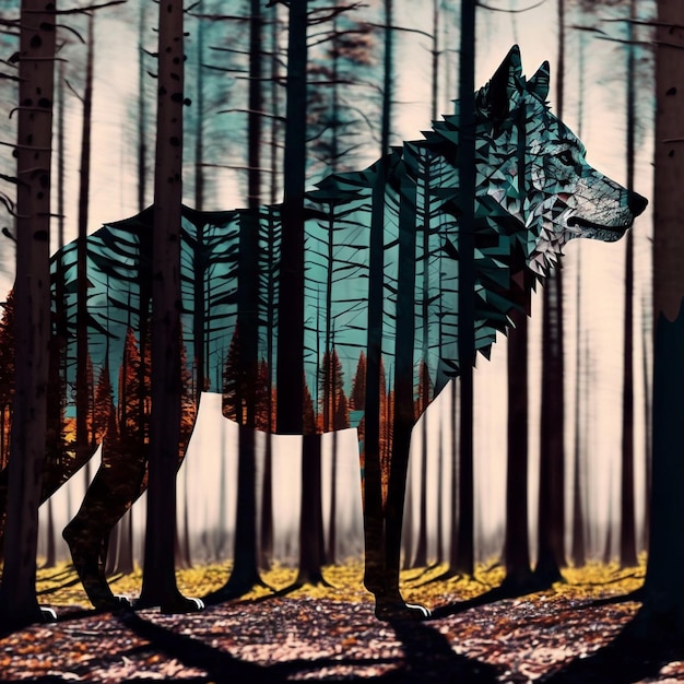 Un lobo en un bosque con un bosque al fondo.