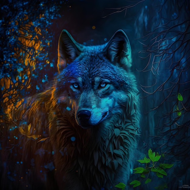 Un lobo en el bosque con un fondo azul.