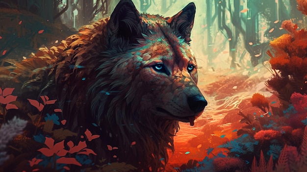 Un lobo en el bosque con un fondo colorido.