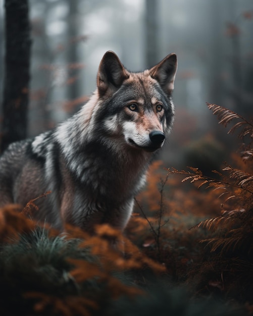 Un lobo en el bosque con un fondo dorado.