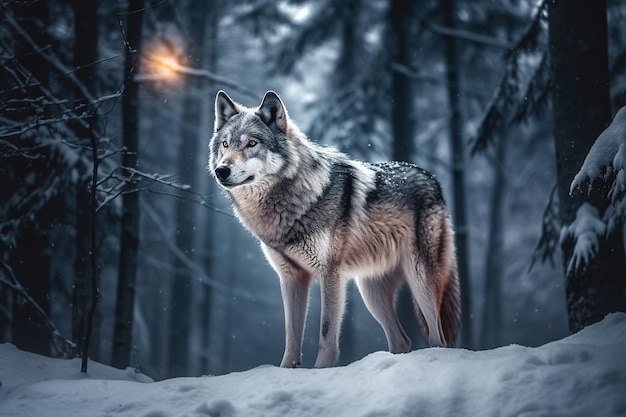 Lobo en el bosque de invierno por la noche