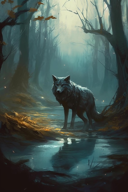 Un lobo en un bosque con un lago al fondo.