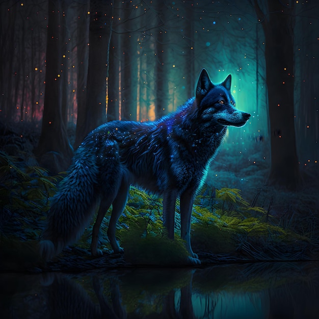 Un lobo en un bosque con una luz brillante al fondo.