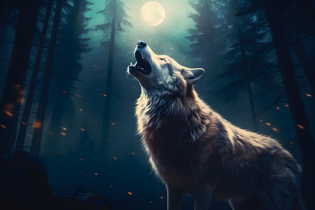 Foto lobo en el bosque a la luz de la luna llena concepto de halloween renderización 3d ia generativa