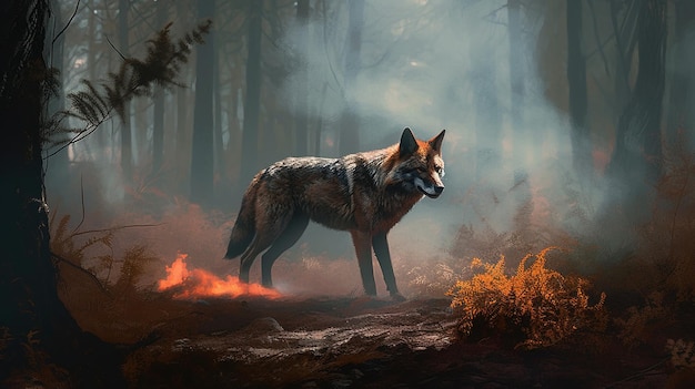 Lobo en el bosque oscuro con un fuego en el fondo ai generativo