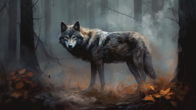 Lobo en el bosque oscuro con un fuego en el fondo ai generativo