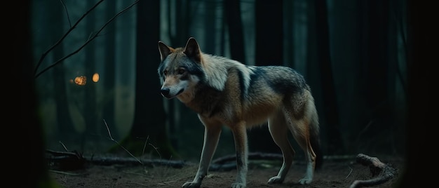 Lobo en un bosque oscuro y misterioso por la noche IA generativa