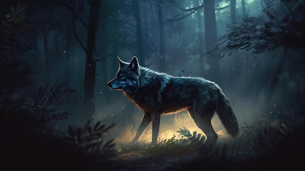 Lobo en el bosque oscuro por la nochegenerativo ai