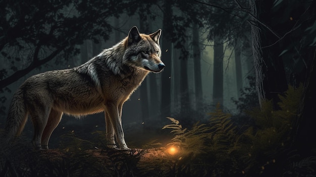 Lobo en el bosque oscuro por la nochegenerativo ai