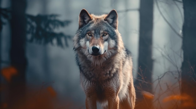 un lobo en el bosque con un pino en el fondo.