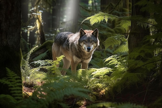 Un lobo en el bosque con el sol brillando a través de los árboles.